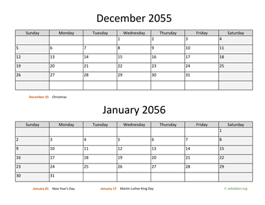 December 2055 and January 2056 Calendar Horizontal