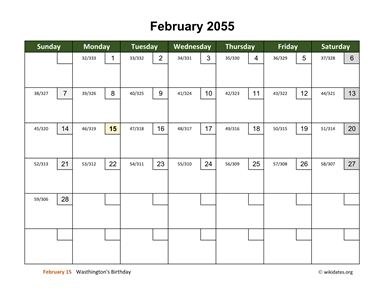 February 2055 Calendar with Day Numbers