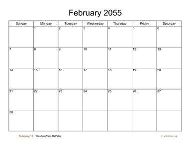 Basic Calendar for February 2055