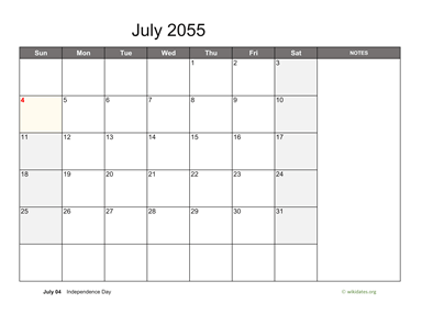 July 2055 Calendar with Notes