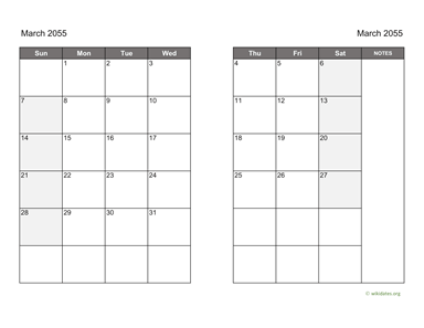March 2055 Calendar on two pages