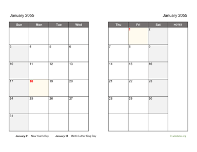 Monthly 2055 Calendar on two pages