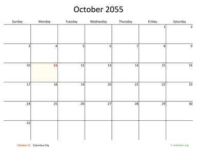 October 2055 Calendar with Bigger boxes