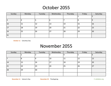 October and November 2055 Calendar Horizontal