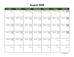 August 2056 Calendar with Day Numbers