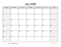 July 2056 Calendar with Weekend Shaded