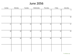 June 2056 Calendar with Bigger boxes