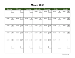 March 2056 Calendar with Day Numbers