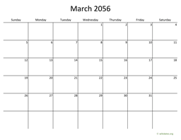 March 2056 Calendar with Bigger boxes