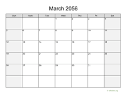 March 2056 Calendar with Weekend Shaded
