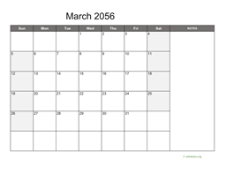 March 2056 Calendar with Notes