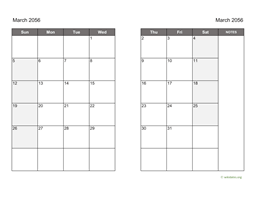 March 2056 Calendar on two pages