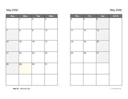 May 2056 Calendar on two pages