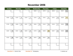 November 2056 Calendar with Day Numbers