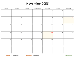 November 2056 Calendar with Bigger boxes