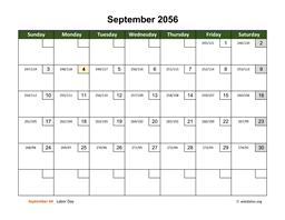 September 2056 Calendar with Day Numbers