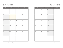 September 2056 Calendar on two pages