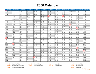 2056 Calendar Horizontal, One Page