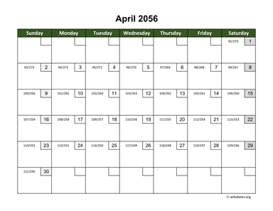 April 2056 Calendar with Day Numbers