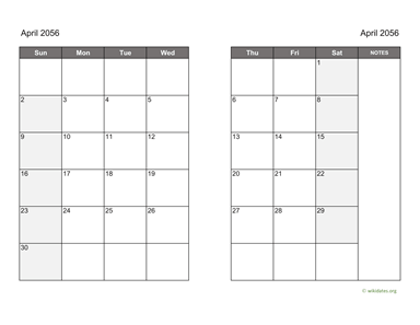 April 2056 Calendar on two pages