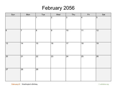 February 2056 Calendar with Weekend Shaded