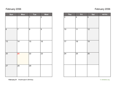 February 2056 Calendar on two pages