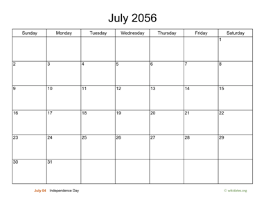 Basic Calendar for July 2056