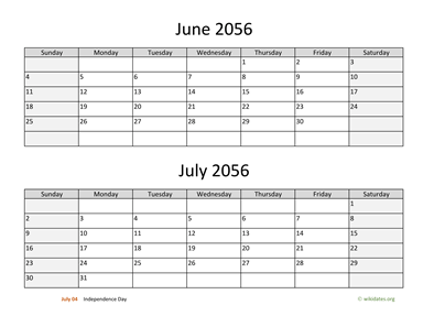 June and July 2056 Calendar Horizontal