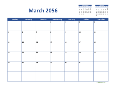 March 2056 Calendar Classic