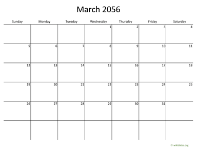 March 2056 Calendar with Bigger boxes