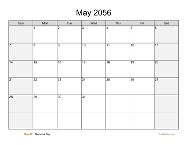 May 2056 Calendar with Weekend Shaded