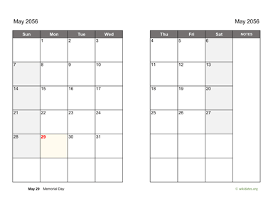 May 2056 Calendar on two pages
