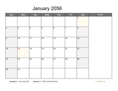 Monthly 2056 Calendar with Notes