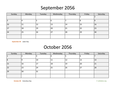 September and October 2056 Calendar Horizontal