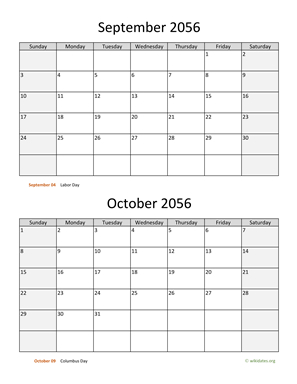 September and October 2056 Calendar Vertical