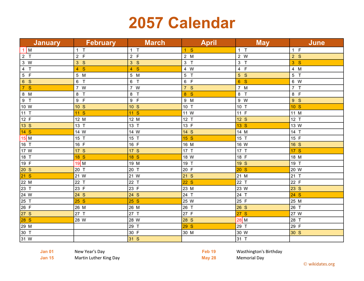 2057 Calendar on 2 Pages, Landscape Orientation