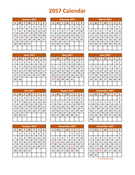 Full Year 2057 Calendar on one page