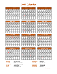 Calendar 2057 Vertical
