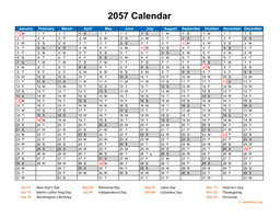 2057 Calendar Horizontal, One Page