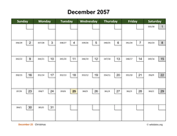 December 2057 Calendar with Day Numbers