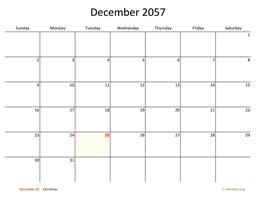 December 2057 Calendar with Bigger boxes