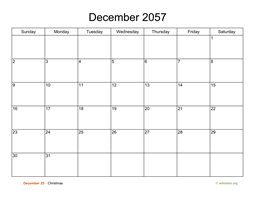 Basic Calendar for December 2057