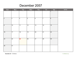 December 2057 Calendar with Notes