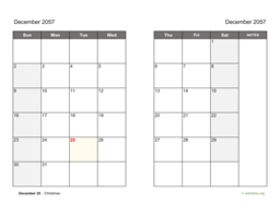 December 2057 Calendar on two pages
