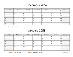 December 2057 and January 2058 Calendar