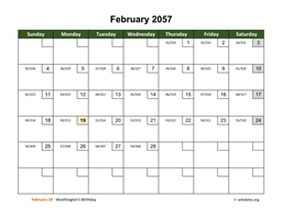 February 2057 Calendar with Day Numbers