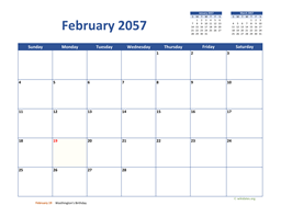 February 2057 Calendar Classic