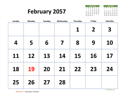 February 2057 Calendar with Extra-large Dates