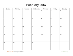 Basic Calendar for February 2057