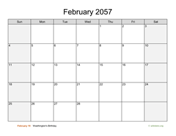 February 2057 Calendar with Weekend Shaded